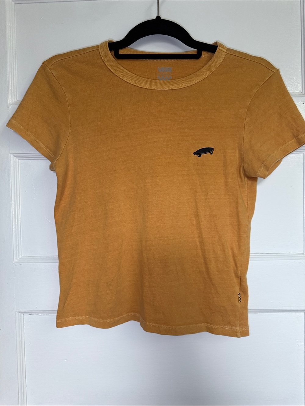 Vans Mustard Yellow Cropped Tee with Mini Skateboard Embroidery Size X Small